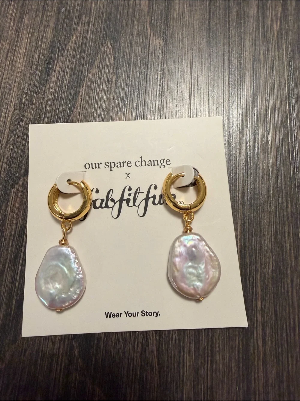 Gold Hoop Earrings with Iridescent Pearl Drops NWOT